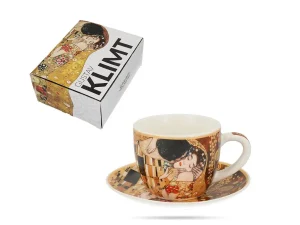 Filiżanka zdobiona motywem twórczości Gustava Klimt'a - obrazem pt. "Pocałunek".